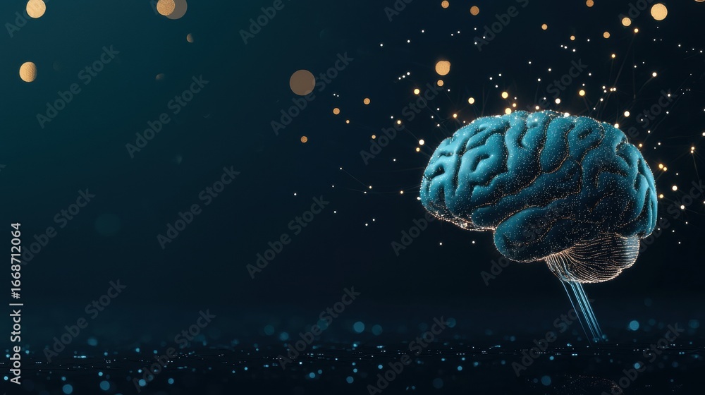 Poster brain cybernetic brain concept with futuristic glowing elements and data links.