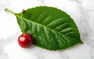 Cherry with leaf on the white