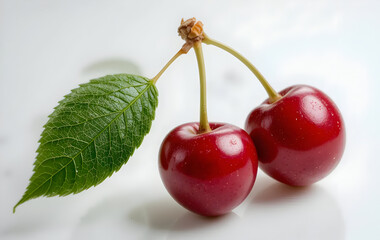 Cherry with leaf on the white