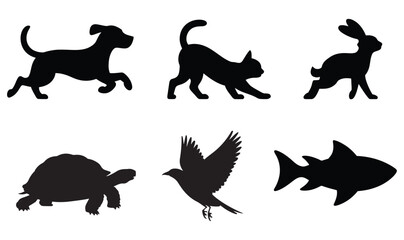 Collection of Wildlife Silhouettes Showcasing Variety of Animals Ranging From Mammals, Reptiles, Birds and Fish in Black