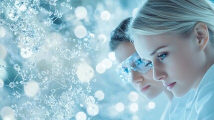 Cooperation Scientists working together in a high tech lab, analyzing research data.