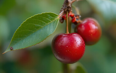Cherry with leaf on the white