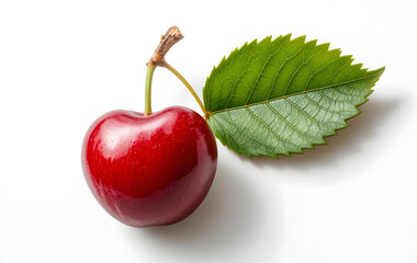 Cherry with leaf on the white