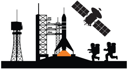 Silhouetted Space Exploration Scene with Rocket Launch, Satellite, and Astronauts Running Away from the Spacecraft on a White Background