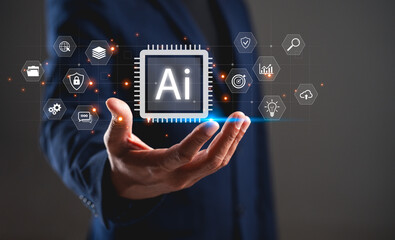 A hand extends toward a digital interface displaying an AI chip, symbolizing the integration of artificial intelligence in technology.