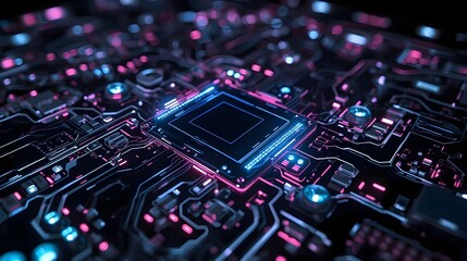 Fototapeta premium Abstract Cyber-Tech Background with Intricate Glowing Circuit Patterns, Neon Blue and Purple Lights, Reflective Metallic Surfaces, High-Tech Energy Flows, Cinematic Lighting, Futuristic Motherboard 