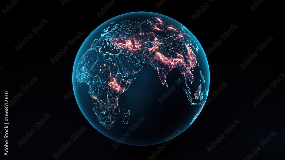 Poster globe networked planet with luminous data streams connecting different continents.