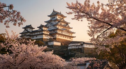 Fototapeta premium Majestic castle nestled amidst blooming cherry blossoms