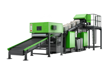 Industrial waste processing machine with green accents and conveyor belts