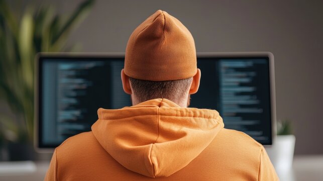 Cyber Hacker in a dark room coding on multiple futuristic digital screens.