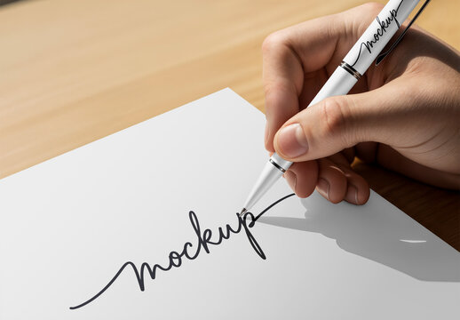 Hand Holding Pen on Paper Mockup