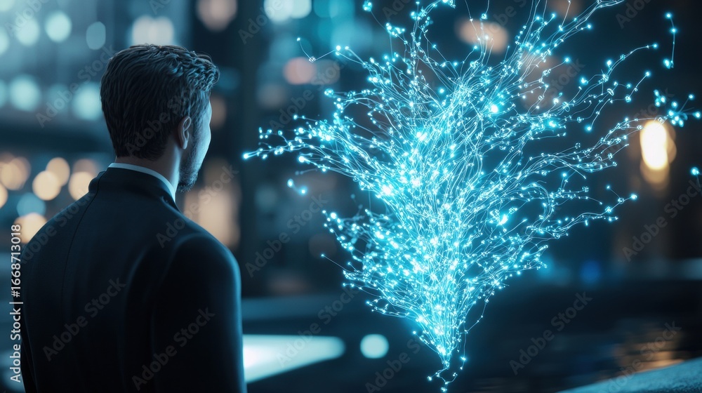 Poster diagram ai powered flowchart projected as a hologram in a futuristic setting.