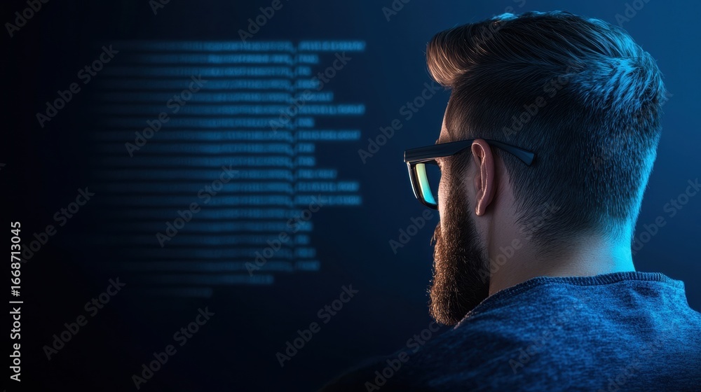 Poster technical programmer writing detailed technical code on a large ultra wide monitor.
