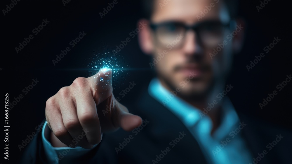 Poster zoom business professional using zoom gestures on a futuristic transparent screen.