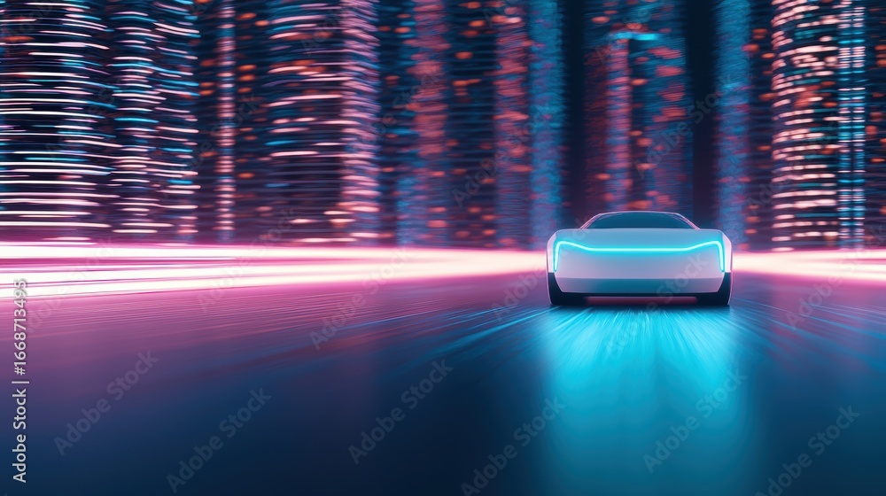 Poster artificial intelligence ai driven autonomous vehicle navigating a futuristic smart city.