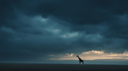A powerful, cinematic shot of a giraffe in the distance, with a storm brewing on the horizon, creating a dramatic and moody atmosphere, captured in full HD with incredible detail.