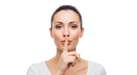 Silent Pledge: A woman with a finger over her lips, imploring for silence, her direct gaze and delicate gesture convey an unspoken promise of discretion, secrecy, and quiet contemplation.