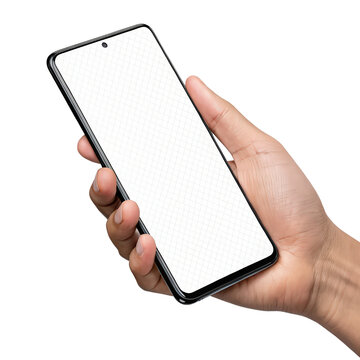 Phone mockup in hand clipping path studio shot of smartphone with blank white screen png modern technology device png isolated on transparent background png mobile phone showcase png