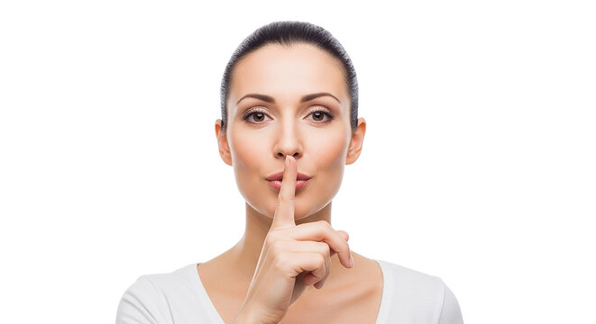 Silent Pledge: A woman with a finger over her lips, imploring for silence, her direct gaze and delicate gesture convey an unspoken promise of discretion, secrecy, and quiet contemplation.
