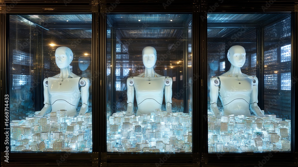 Aufkleber futuristic robots in illuminated display cases