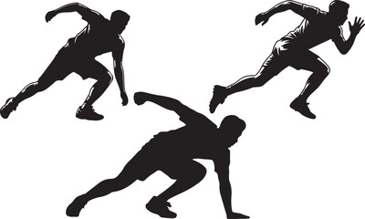 Silhouettes of three athletes in motion, running and in a starting position