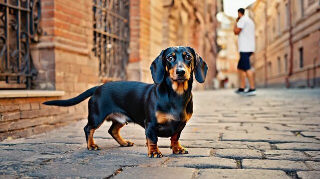 Black and tan dachshund standing on a cobblestone street, warm golden hour lighting, curious expression, detailed fur texture, cozy urban atmosphere
