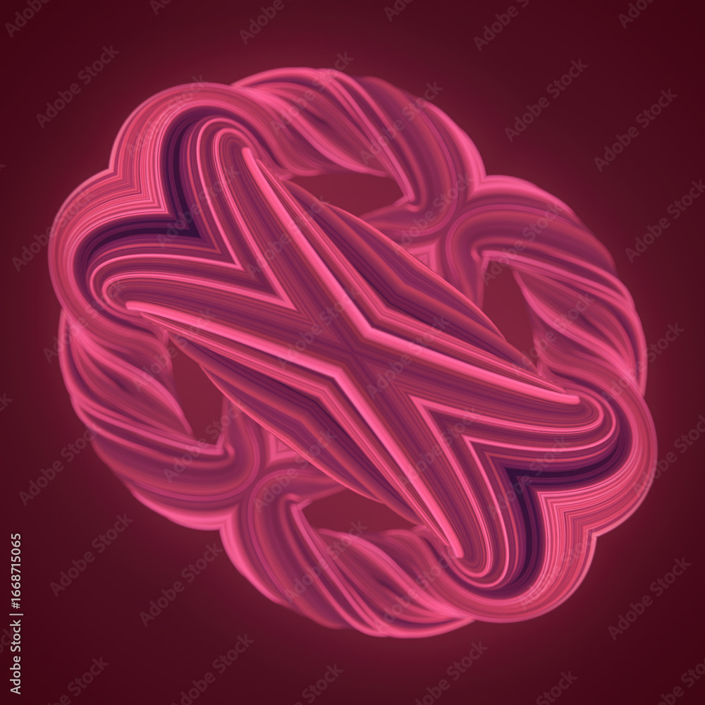 Poster a symmetrical three-dimensional shape that creates a sense of movement. gradients of pink and purple