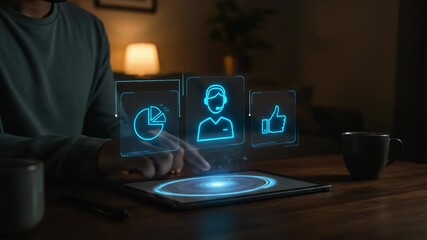 Digital interaction: Man engaging with future online technology on a tablet for virtual customer support, data analysis, and business feedback, highlighting innovative service strategies. - Powered by Adobe