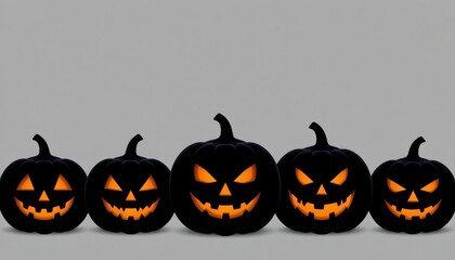 A line of five carved pumpkins in darkness sit against a solid background