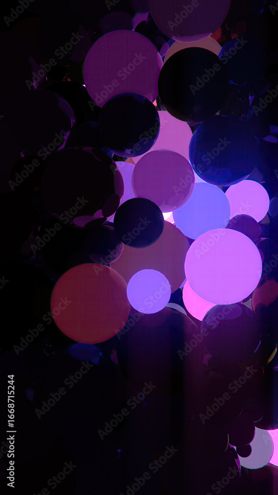 Poster digital illustration of dark spheres floating in space, illuminated by soft waves of violet, orange 