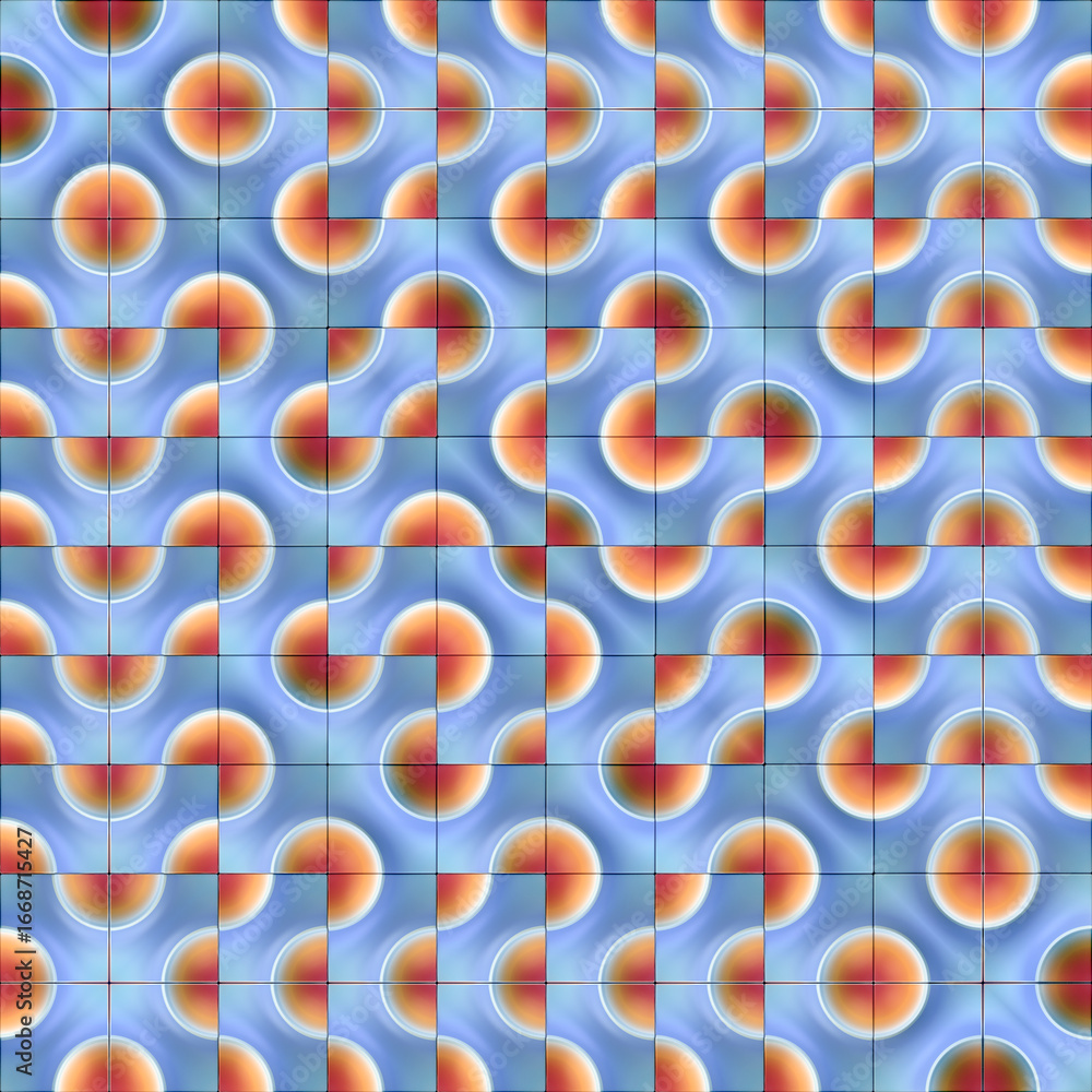 Poster digital illustration of a colorful symmetrical pattern of tiles that connect to adjacent tiles, crea