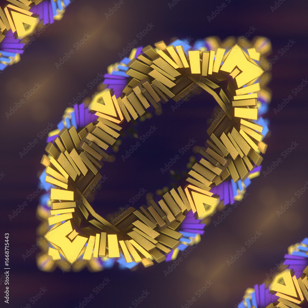 Poster symmetrical digital illustration consisting of multicolored shiny rectangles on a dark background as