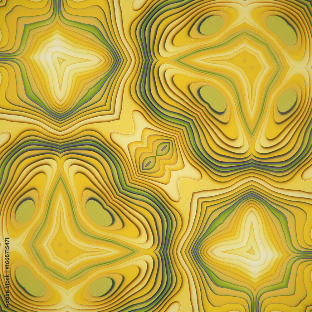 Aufkleber fascinating symmetrical topographical intricate pattern in yellow. 3d rendering digital illustration
