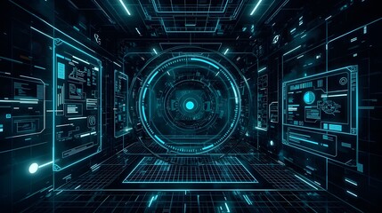 digital fractal realms, Abstract Cyber Background with Floating Holographic Panels, Glowing Neon UI Elements, Semi-Transparent Metallic Grids, and Sci-Fi Tech Interface