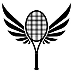 A minimalist black and white vector illustration of a tennis racket with wings, featuring a clean and graphic design on a pure white background.

