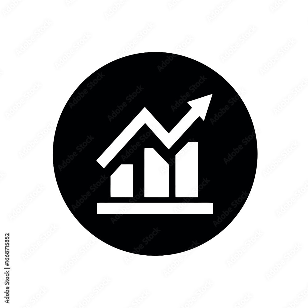 Poster black circle containing a white graph with increasing bars and upward pointing arrow design element