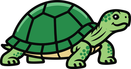 A pixel art illustration of a green turtle, showcasing detailed shell segments and a friendly expression. The turtle is walking to the right.