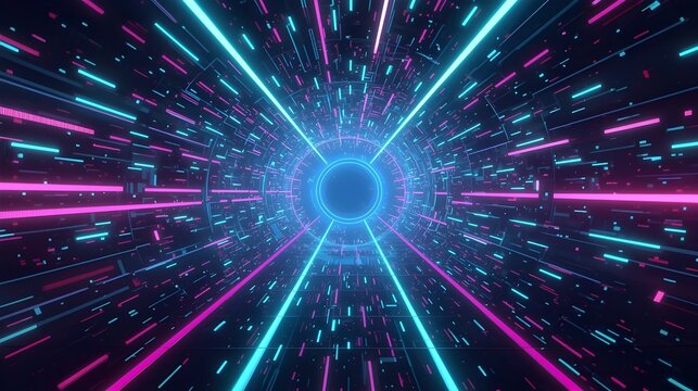 Abstract Cyber-Tech Background with Glowing Tunnel of Data, Neon Blue Pink and Green Light Trails, Reflective Surfaces, Futuristic 3D Depth