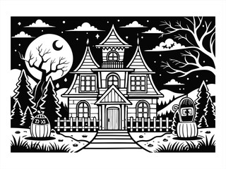 Fototapeta premium coloring page line art the helloween home black vector