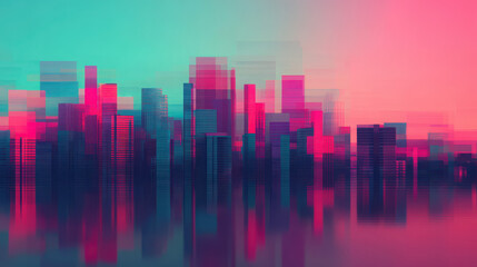Fototapeta premium An abstract city skyline with vibrant hues of pink and teal, featuring blurred shapes that create a dynamic, modern aesthetic.