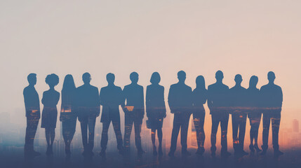 Silhouettes of a diverse group of professionals against a city skyline, symbolizing teamwork and collaboration in a modern environment.