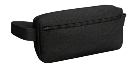 Black rectangular zippered pouch with a strap