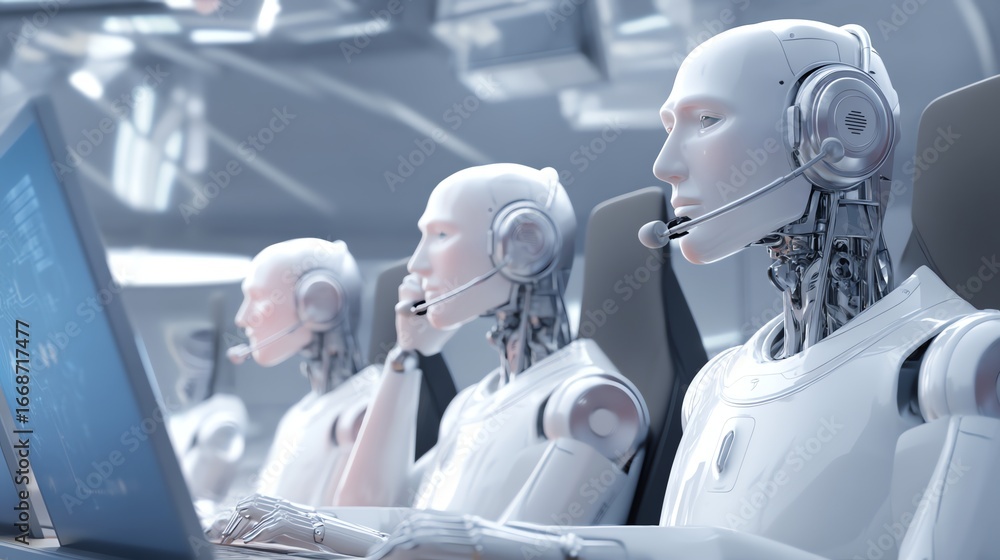 Poster robots working at computers in a futuristic environment