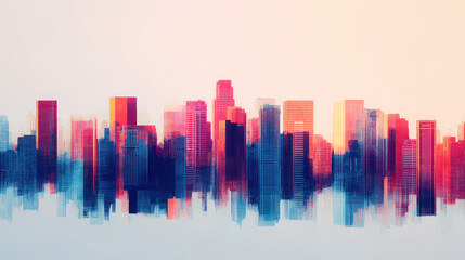 Fototapeta premium A vibrant, abstract city skyline with colorful buildings reflecting a dreamy atmosphere, blending modern architecture and artistic elements.