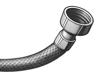 Angled view of braided metal hose with threaded fitting on transparent background for corrugated hose connections