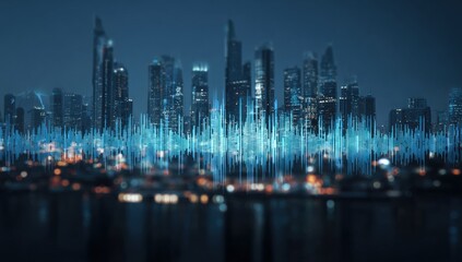Fototapeta premium City skyline at night with digital sound waves overlay