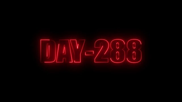 Neon text day-288 animation on black background.calender, text,number, days, date, countdown neon text concept.