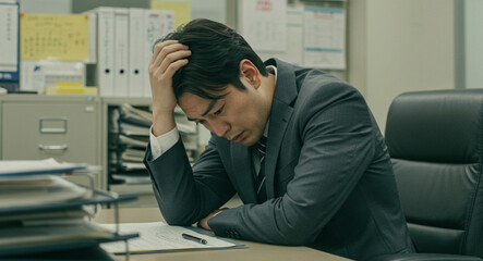 オフィスで仕事の悩みで深刻な表情で頭を抱え考え込むビジネスマン