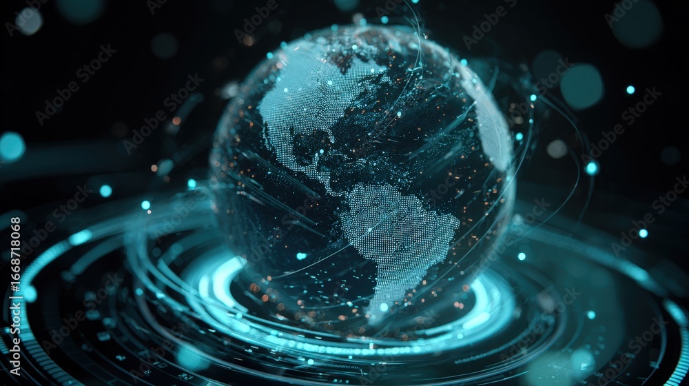Poster futuristic holographic globe with global coverage and data nodes