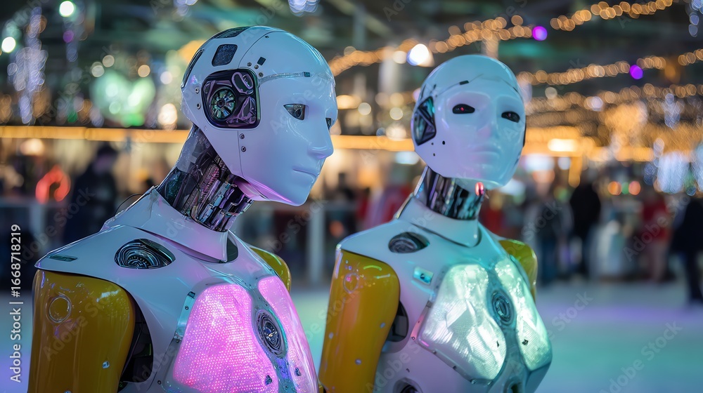 Poster two futuristic robots in a vibrant setting